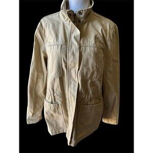 100% Cotton Chore Jacket, Zip Snap Front Khaki 4 Utility Pockets, Drawstring L